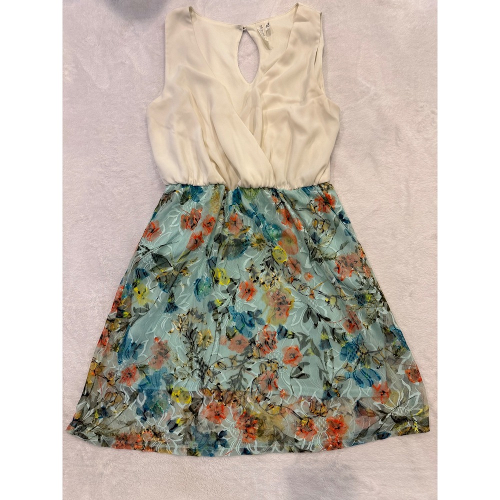Pink Owl Apparel Floral Lace‎ Mini Dress Cream Blue Sleeveless ID14704DPS Size M